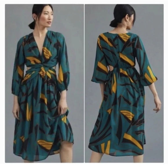 ❤️ RANNA GILL ANTHROPOLOGIE SIDE CUT-OUT ABSTRACT FLORAL MIDI DRESS, MEDIUM - Picture 2 of 13